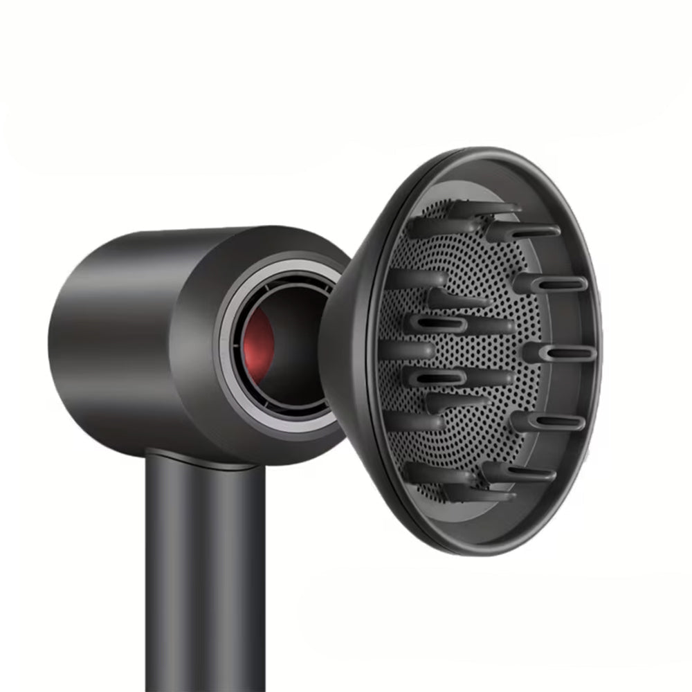 Black hair dryer with a nozzle attachment on a white background