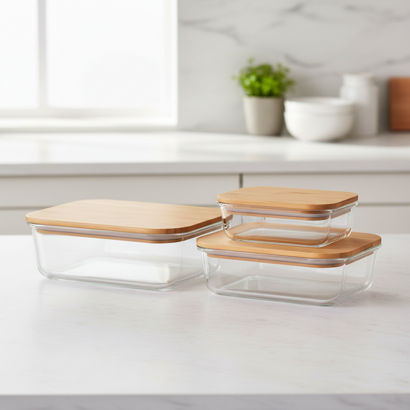 Milex 3pcs Bamboo Lid Glass Container Set