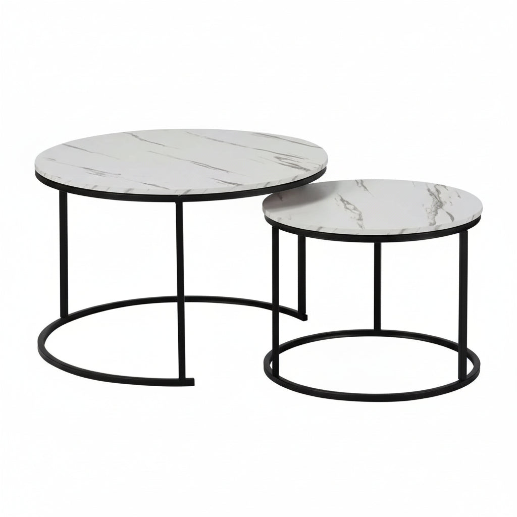 Set of two marble-patterned coffee tables with black metal frames on a white background
