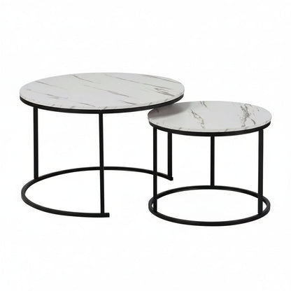 Set of two marble-patterned coffee tables with black metal frames on a white background