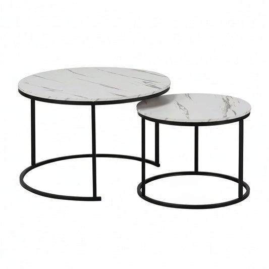 Set of two marble-patterned coffee tables with black metal frames on a white background