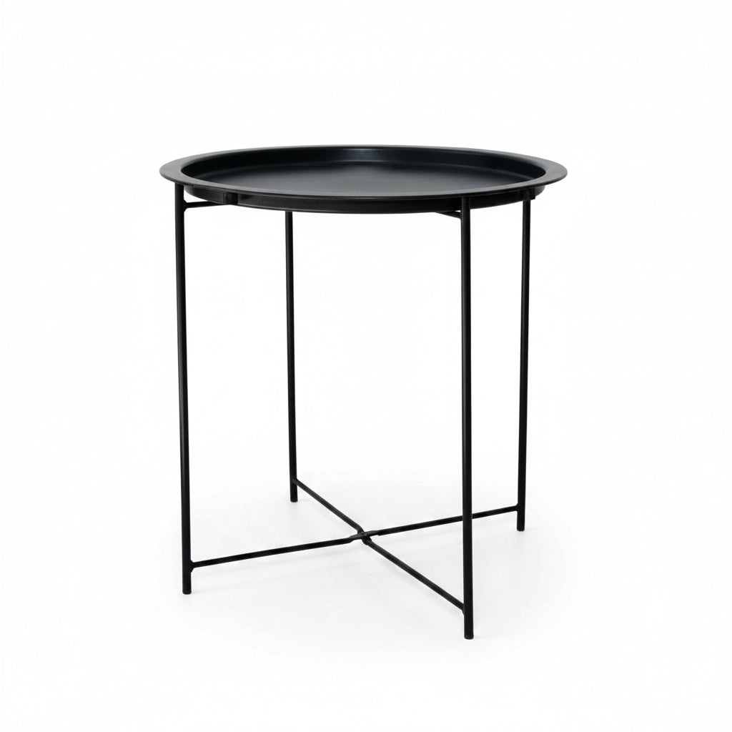 Black side table with round tray top on a white background