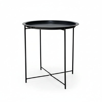 Black side table with round tray top on a white background