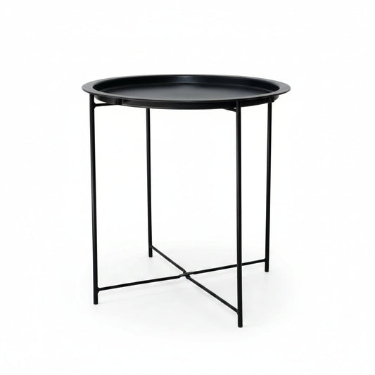 Black side table with round tray top on a white background