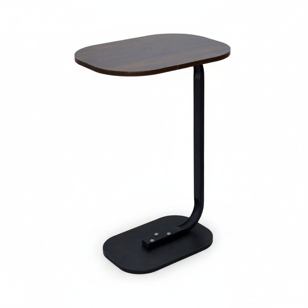 Black side table with a wooden top on a white background