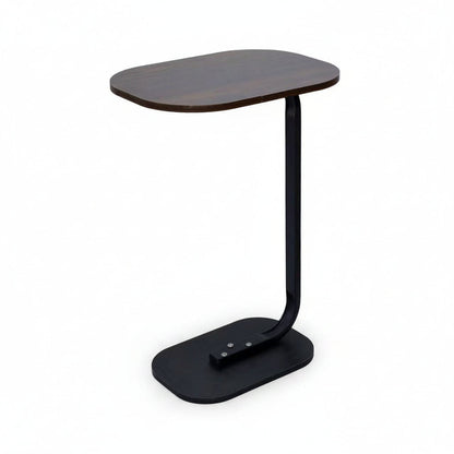 Black side table with a wooden top on a white background