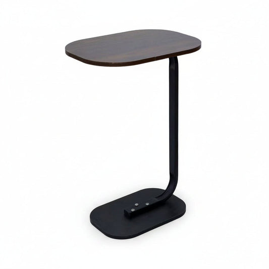 Black side table with a wooden top on a white background