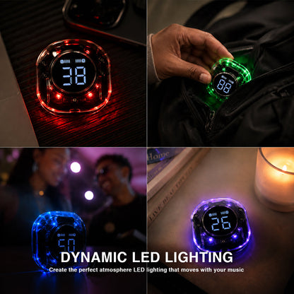A four-panel collage showing a small square digital LED light Earphone Charging Case in different coloured modes: red, green, blue, and purple, with one panel showing a hand holding the glowing device inside a black bag. Text at the bottom reads 'DYNAMIC 
