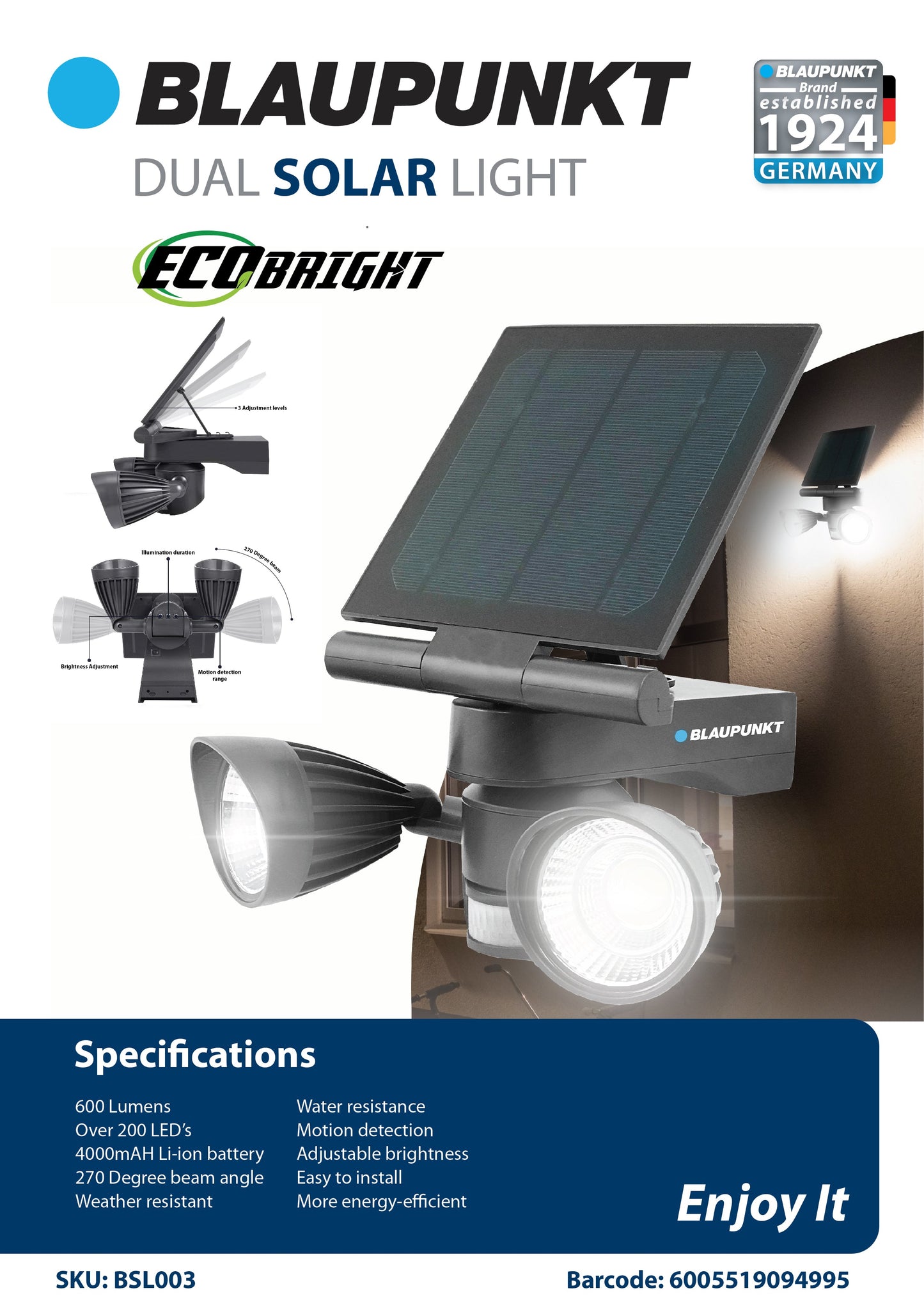 Blaupunkt EcoBright Dual Solar Light 600 Lumens