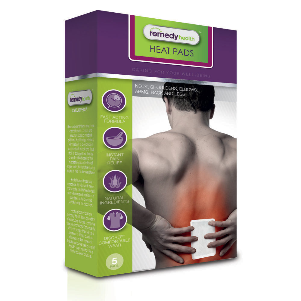 Box of Remedy Health heat pads with a person using a heat pad on their back.