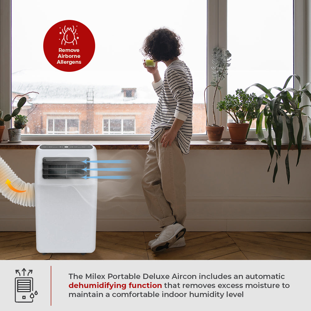 Young man standing by a window with a Milex portable air conditioner in the foreground, featuring text about its dehumidifying function.