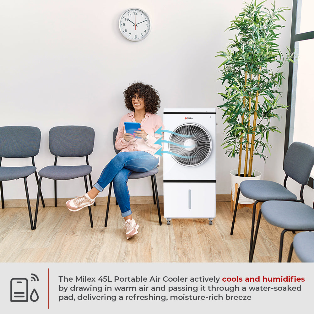 Woman sitting in a waiting room with a portable Milex 45L Portable Air Cooler, surrounded by chairs and a plant.