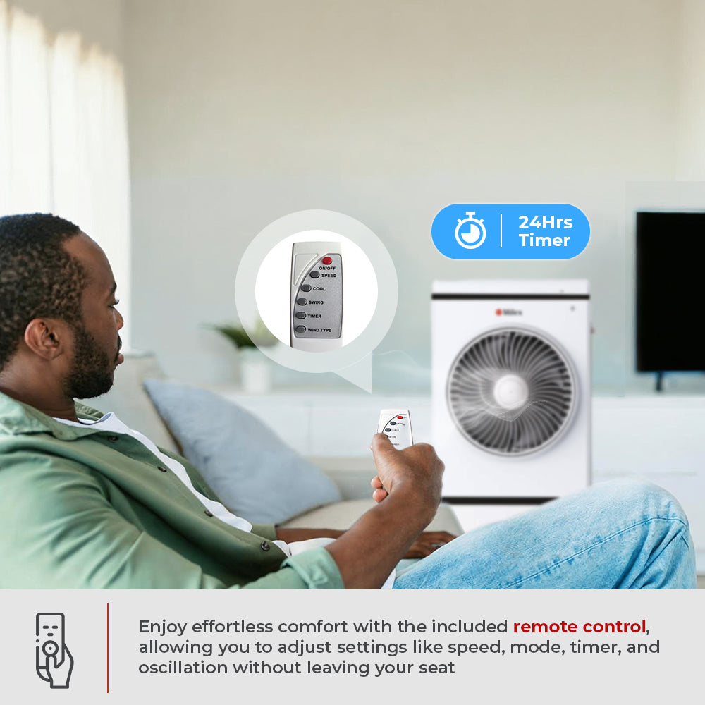 Man using a remote control in front of the Milex 45L Portable Air Cooler with text about remote control features.