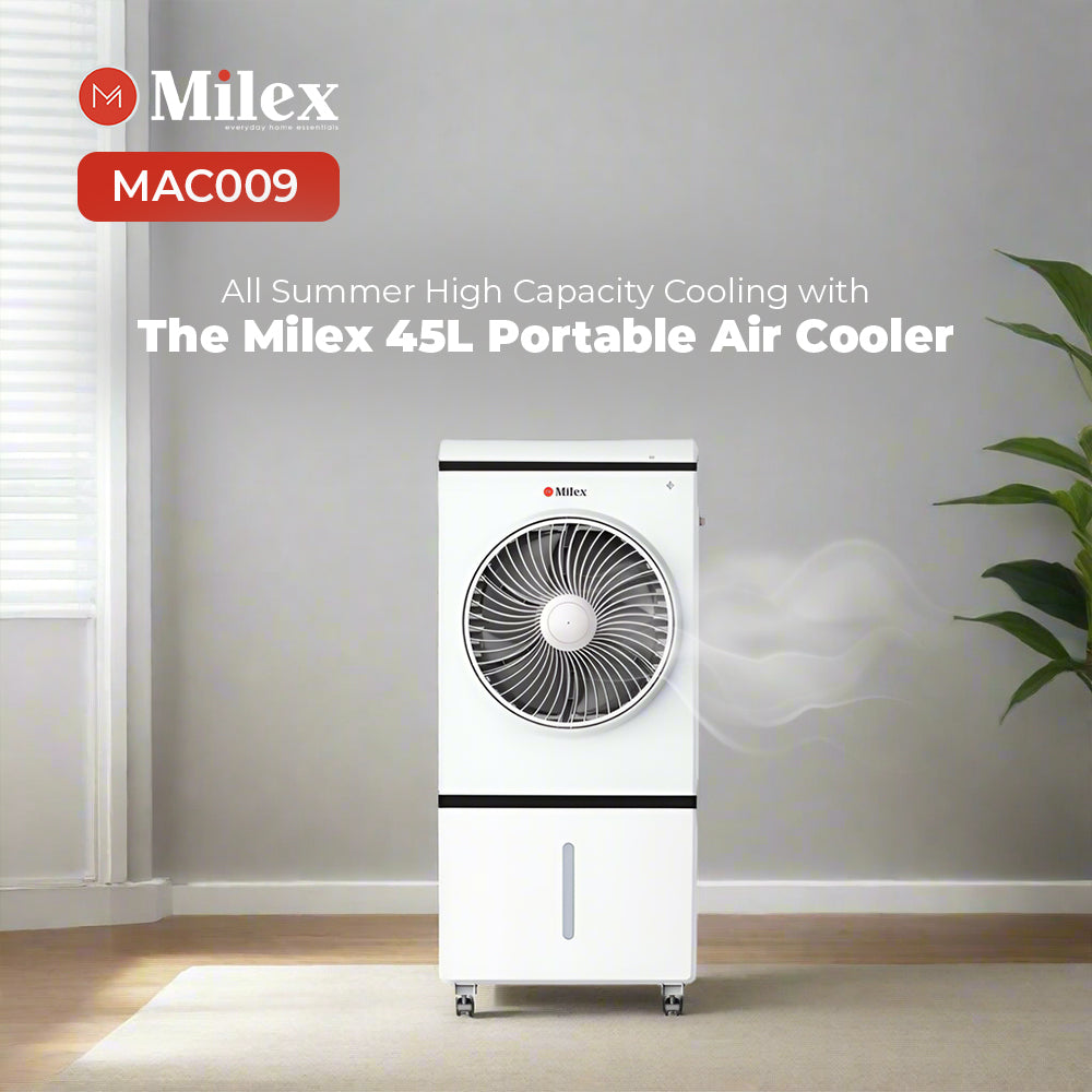 Milex 45L Portable Air Cooler on a wooden floor with a neutral wall background