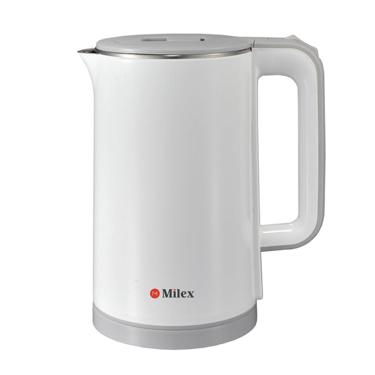 A white Milex electric kettle with a stainless steel body and a capacity of 1.7 litres.