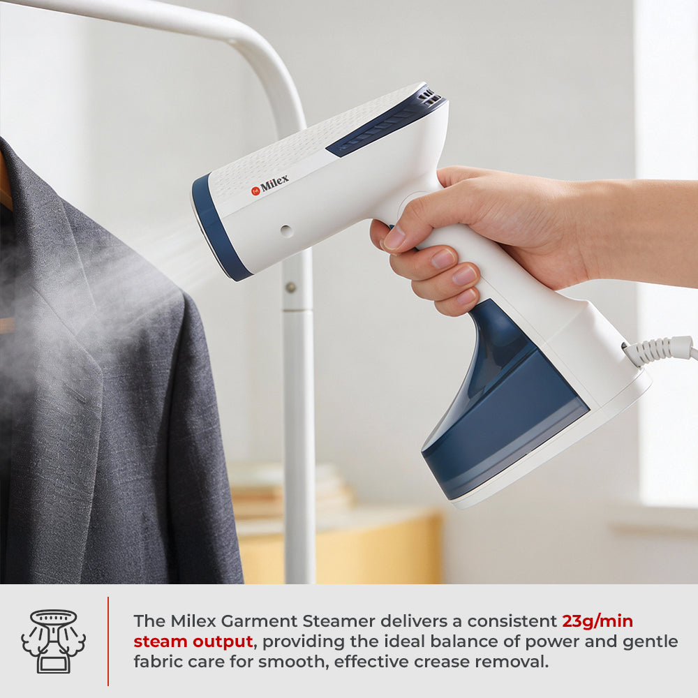 Milex garment steamer being used on a piece of clothing with product details displayed.