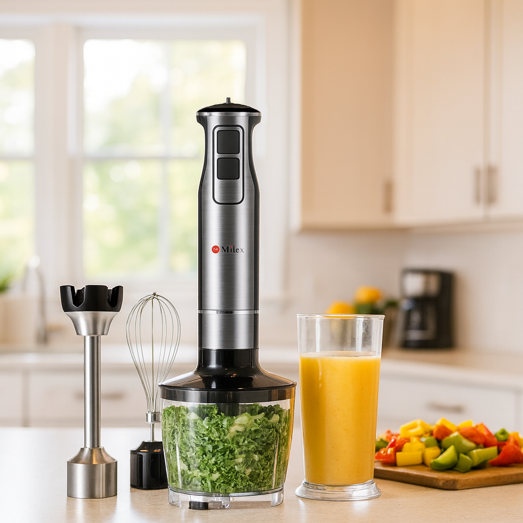 Milex blender with ingredients and a glass of juice in a kitchen setting