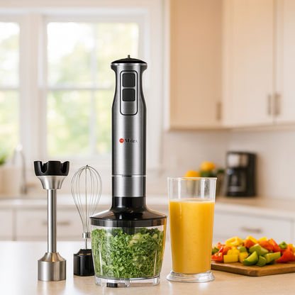 Milex blender with ingredients and a glass of juice in a kitchen setting