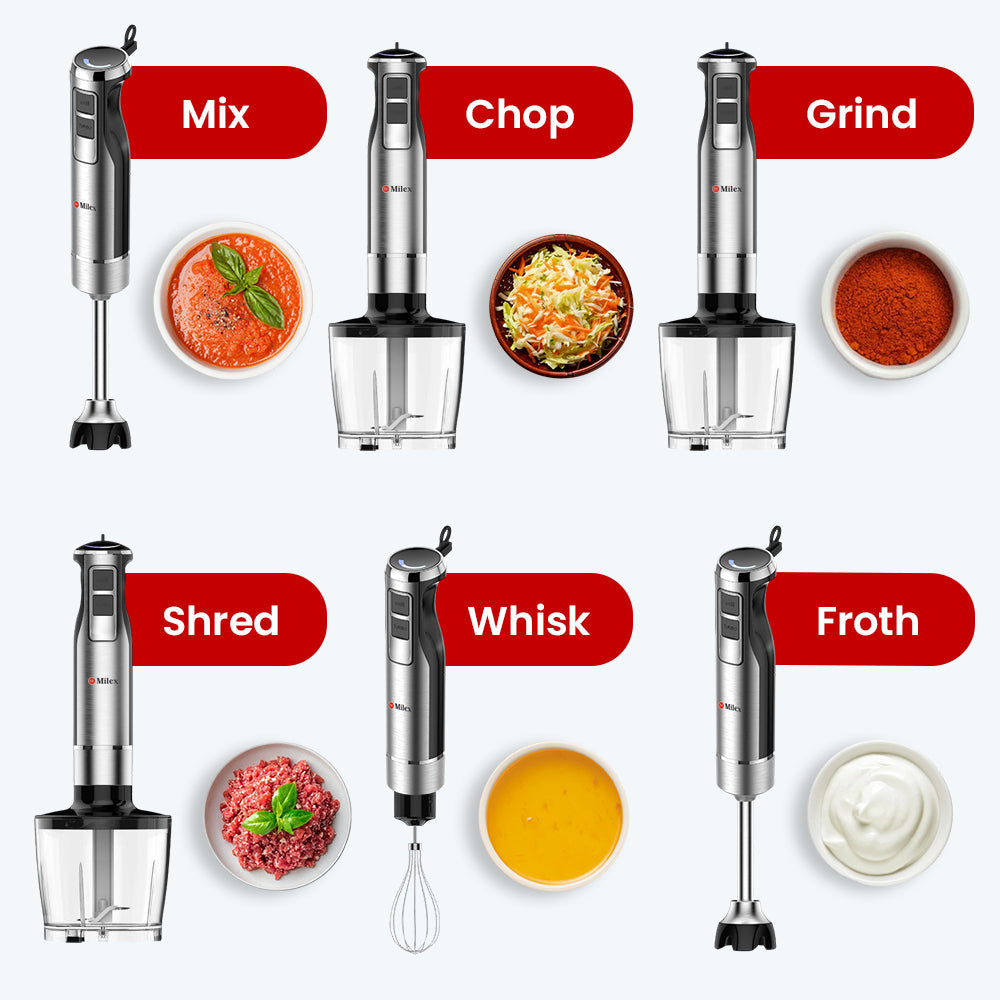 Set of six handheld blenders with labels for different functions on a white background.