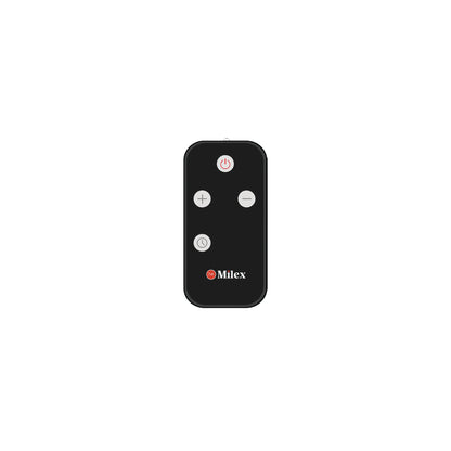 Black remote control with Milex logo on a white background