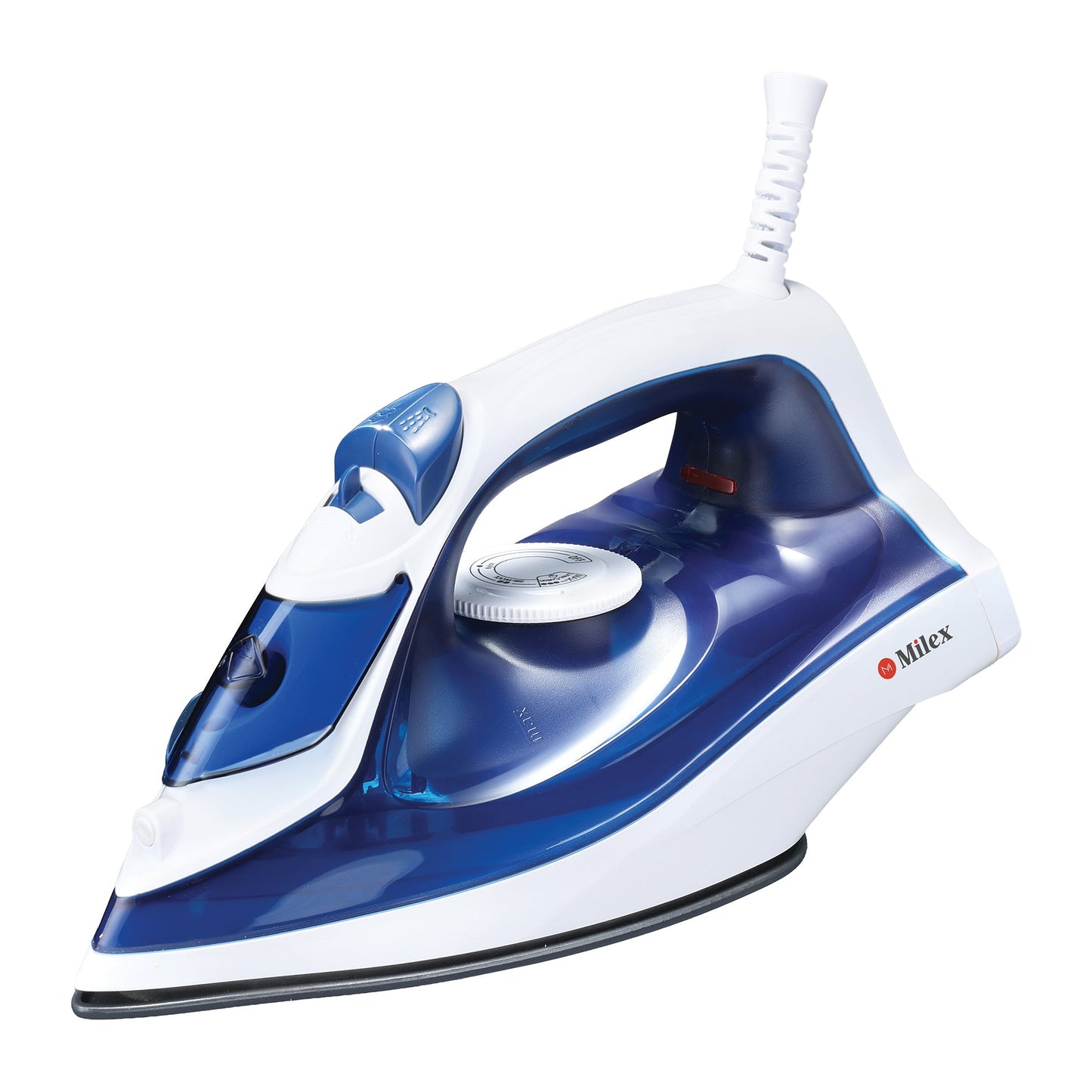Blue and white iron with Milex branding on a white background