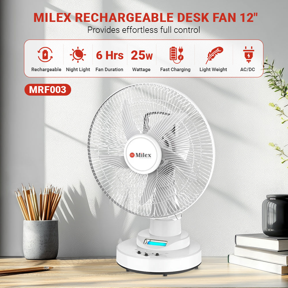 Milex Rechargeable Desk Fan 12"