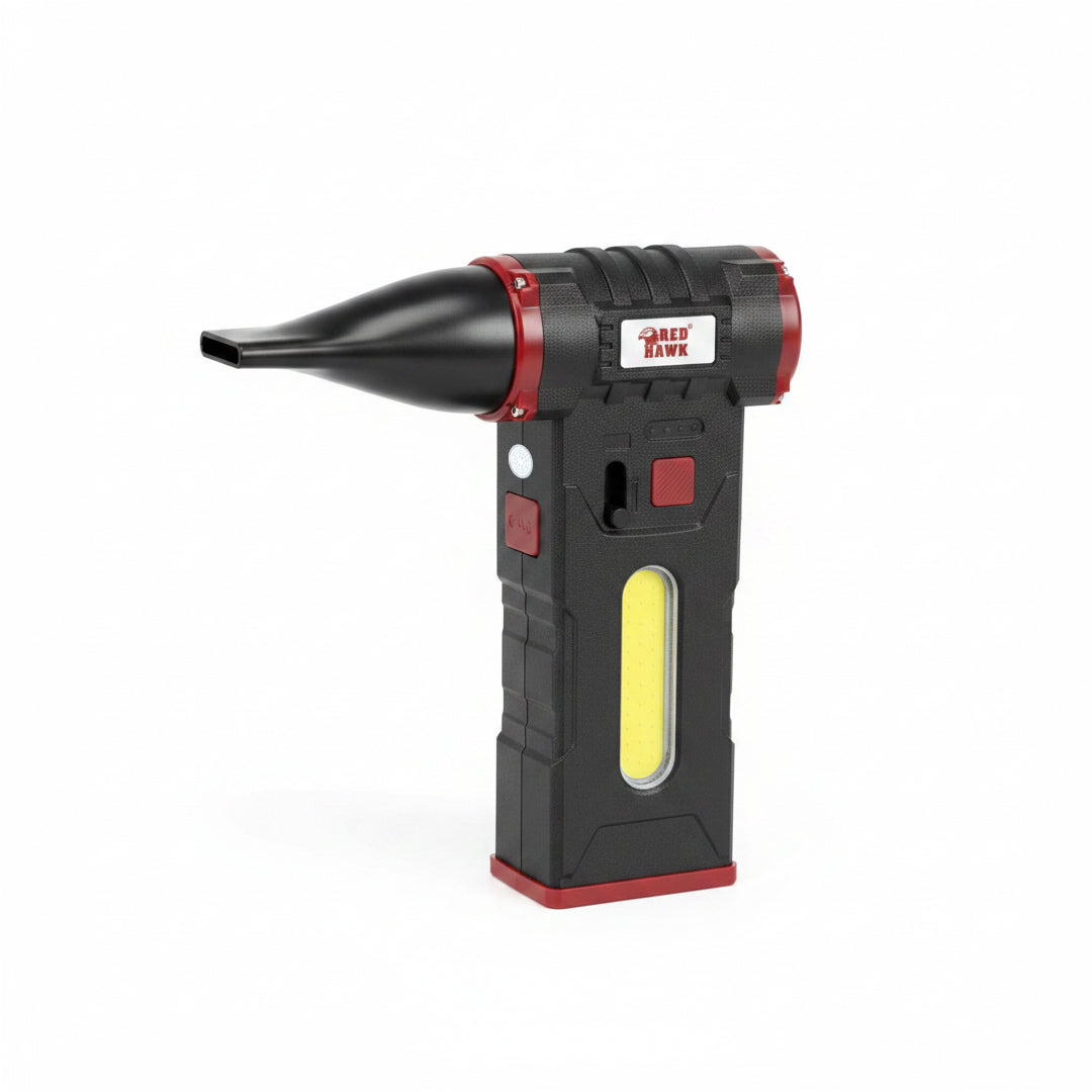 A handheld air blower tool by Red Hawk, featuring a black body with red accents and a yellow LED light window, shown on a plain white background.
