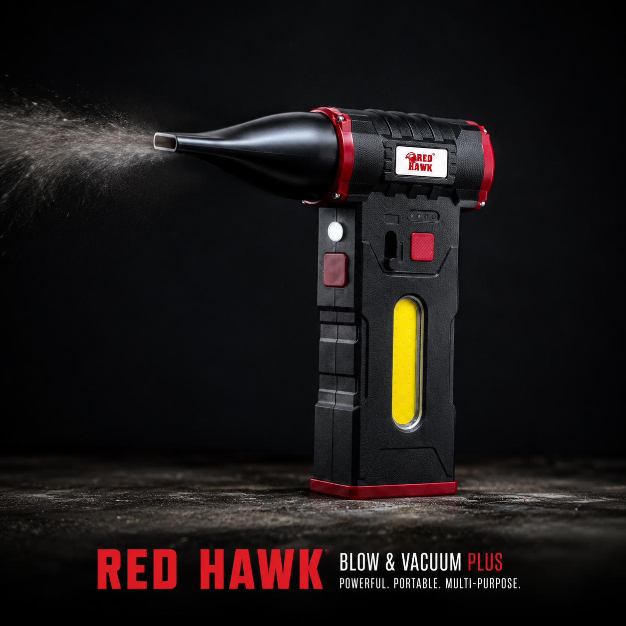A handheld red and black vacuum/misting device labeled 'RED HAWK' stands on a dark surface against a black background, with a mist stream visible on the left and product text at the bottom.