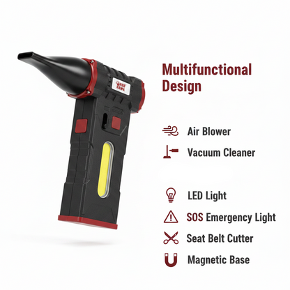 Multifunctional tool with air blower, vacuum cleaner, LED light, SOS emergency light, seat belt cutter, and magnetic base on a white background.