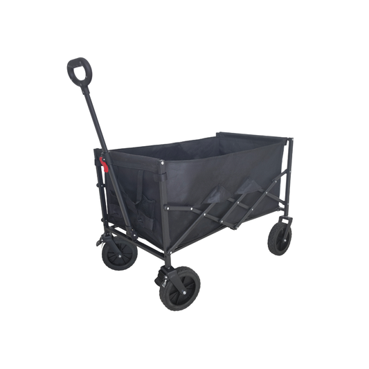 Black folding wagon with a large storage compartment on a white background