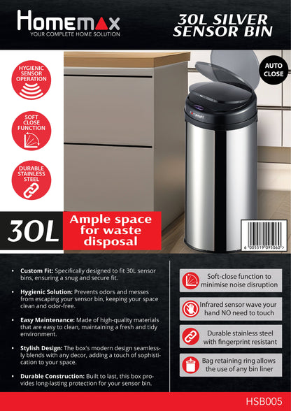 HomeMax 30L Silver Sensor Bin Round